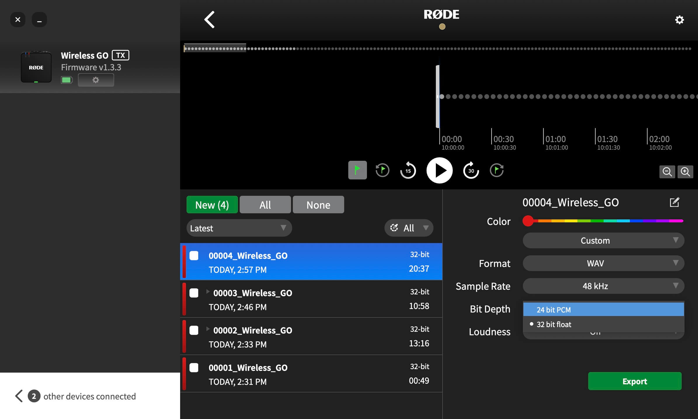 Bit Depth settings in RØDE Central for Wireless GO (Gen 3)